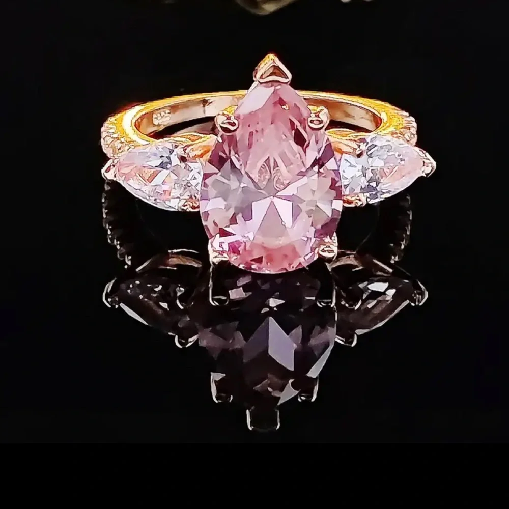 Pear Cut Pink Crystal Rose Gold Ring - Picture 1 of 1